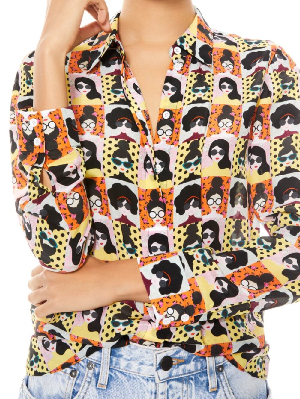 Alice + Olivia Willa Silk Shirt Stace Tribe Face Blouse Top XS